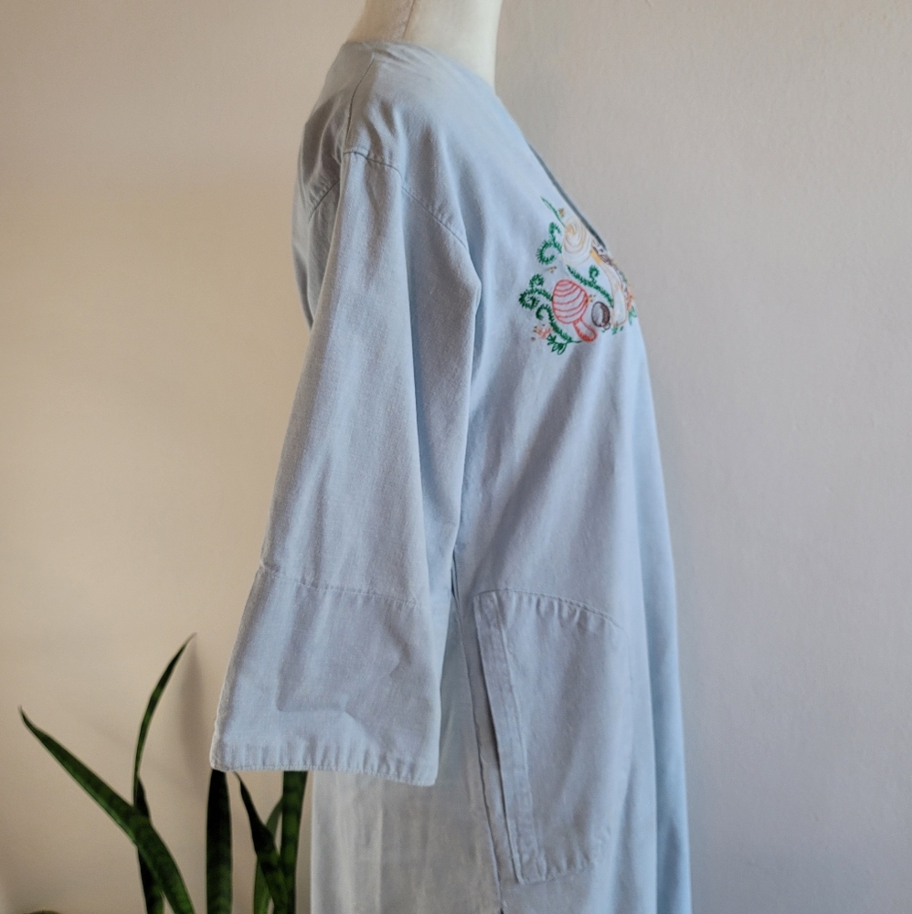 VTG 70s Embroidered Mushroom Denim Caftan Dress - Picture 9 of 16